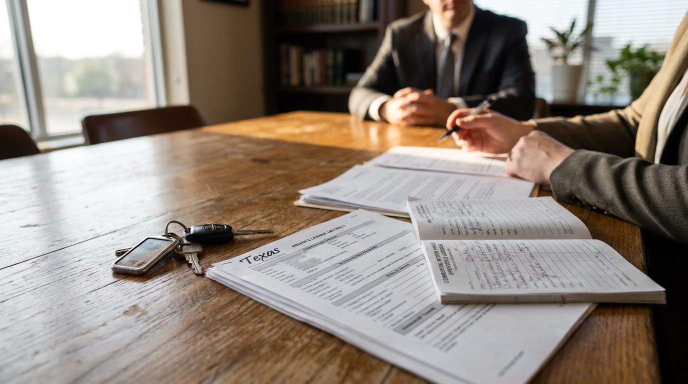Houston Lawyer Reviewing Texas Negligent Entrustment Claim Documents Texas driver's license abstract form and car keys on table during legal consultation