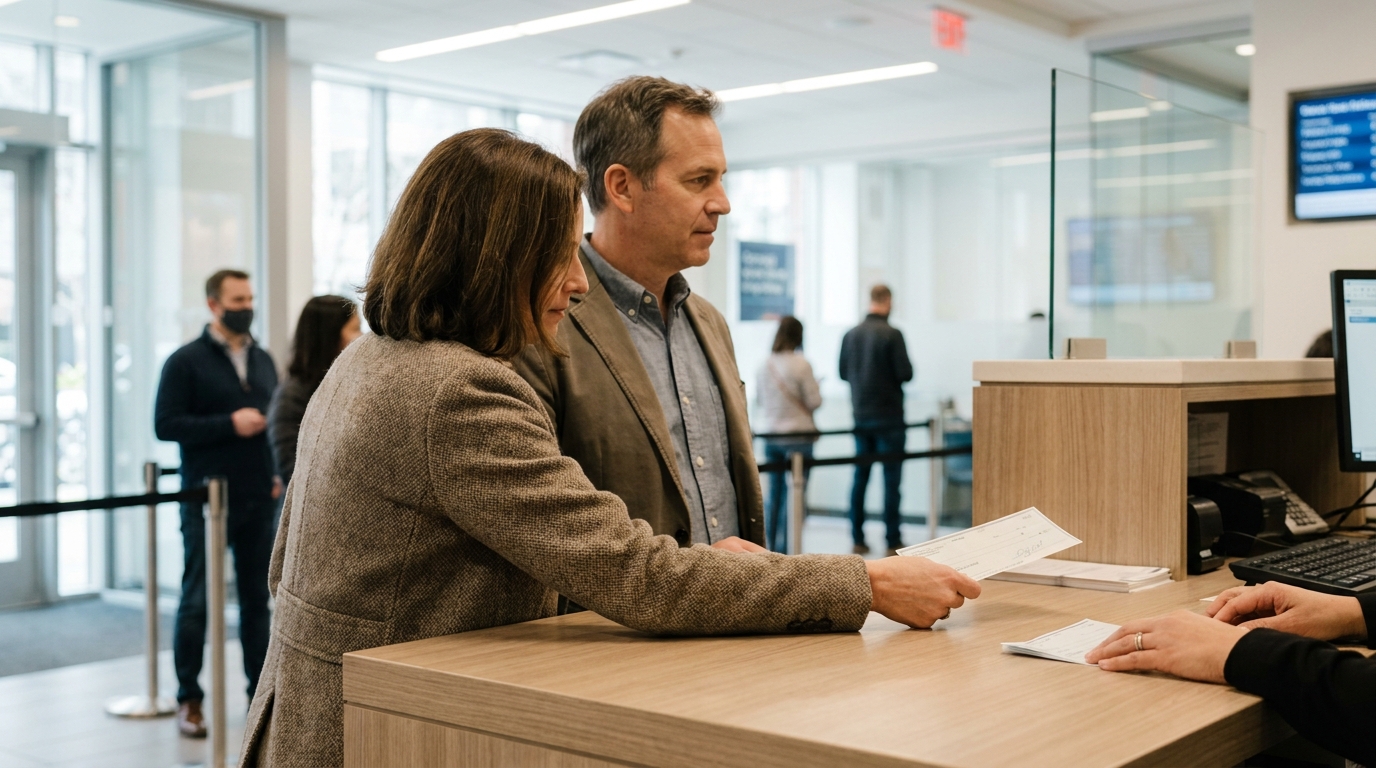 Couple Depositing Inheritance Check at New York Bank couple handing document to clerk at formal government or courthouse service counter