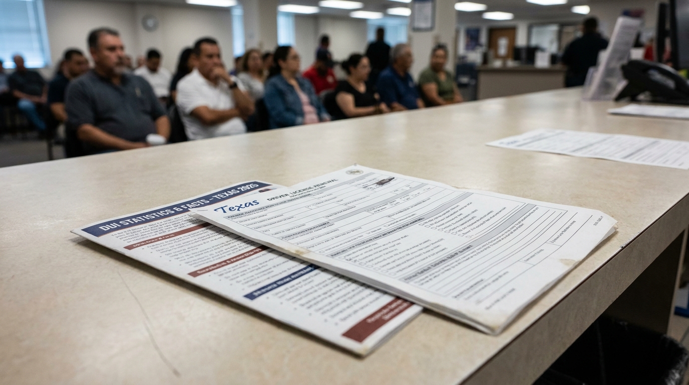 Texas DUI Statistics Facts Documents Houston DMV Office DUI Statistics Facts Texas document and driver license renewal form on counter with waiting room crowd