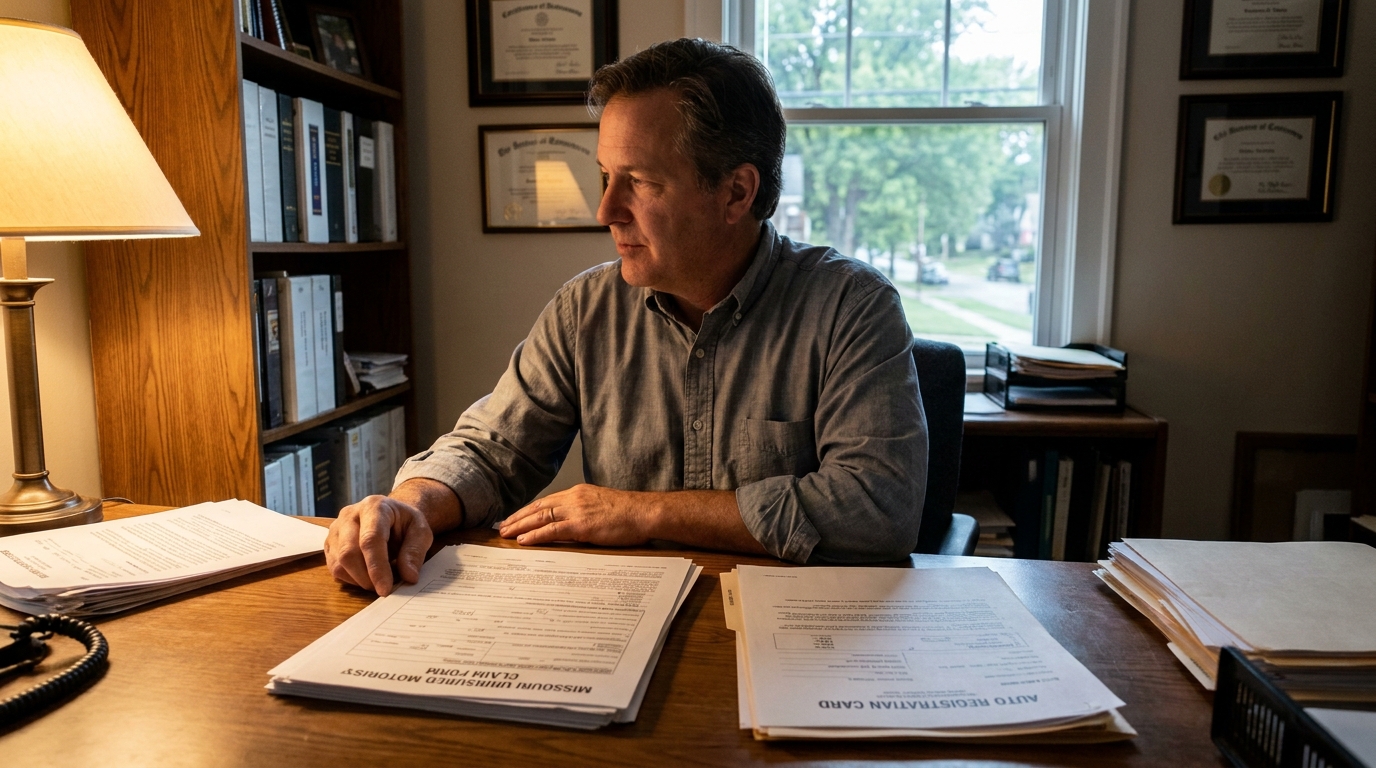 man at desk reviewing Missouri Uninsured Motorist Claim Form and Auto Registration Card