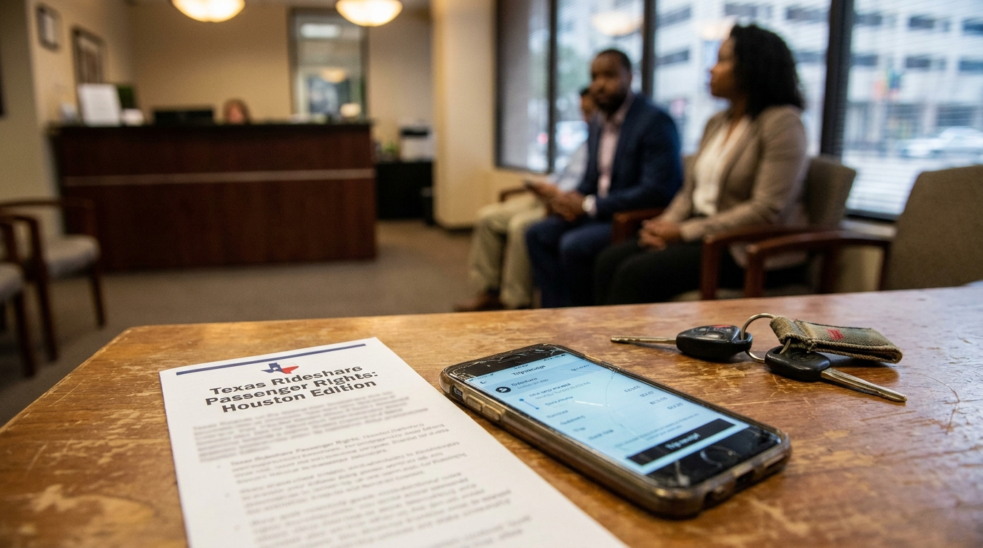 Houston Rideshare Passenger Rights Attorney Consultation Texas Rideshare Passenger Rights Houston Edition document beside smartphone and car keys in law office