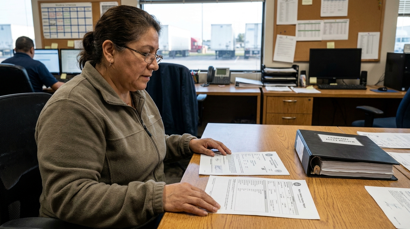 Houston Trucking Company HR Manager Reviewing CDL Driver Qualification File woman reviewing official documents beside Company Fleet Roster binder at office desk