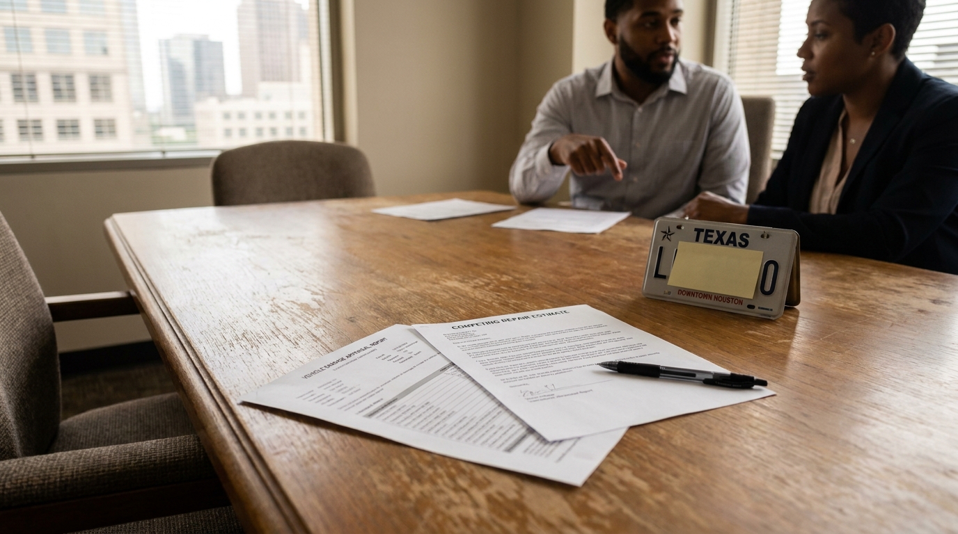 Houston Insurance Fault Dispute Meeting With Repair Estimate Documents competing repair estimate documents and Texas license plate on conference table during meeting