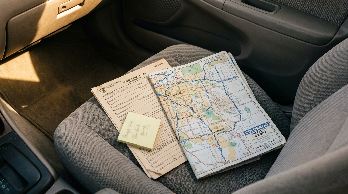 Colorado State Patrol Accident Report and Centennial Map Colorado State Patrol accident report and Arapahoe County road map on car seat