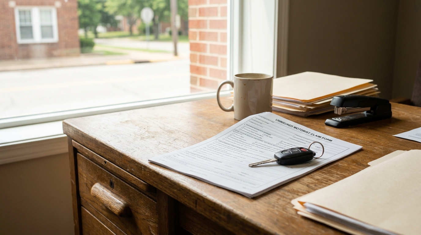 Uninsured motorist claim form with car key on wooden desk