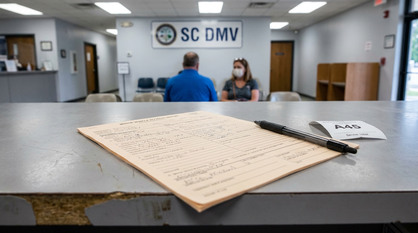 SC DMV Motor Vehicle Accident Report Form Columbia Motor Vehicle Accident Report form and pen on SC DMV office counter