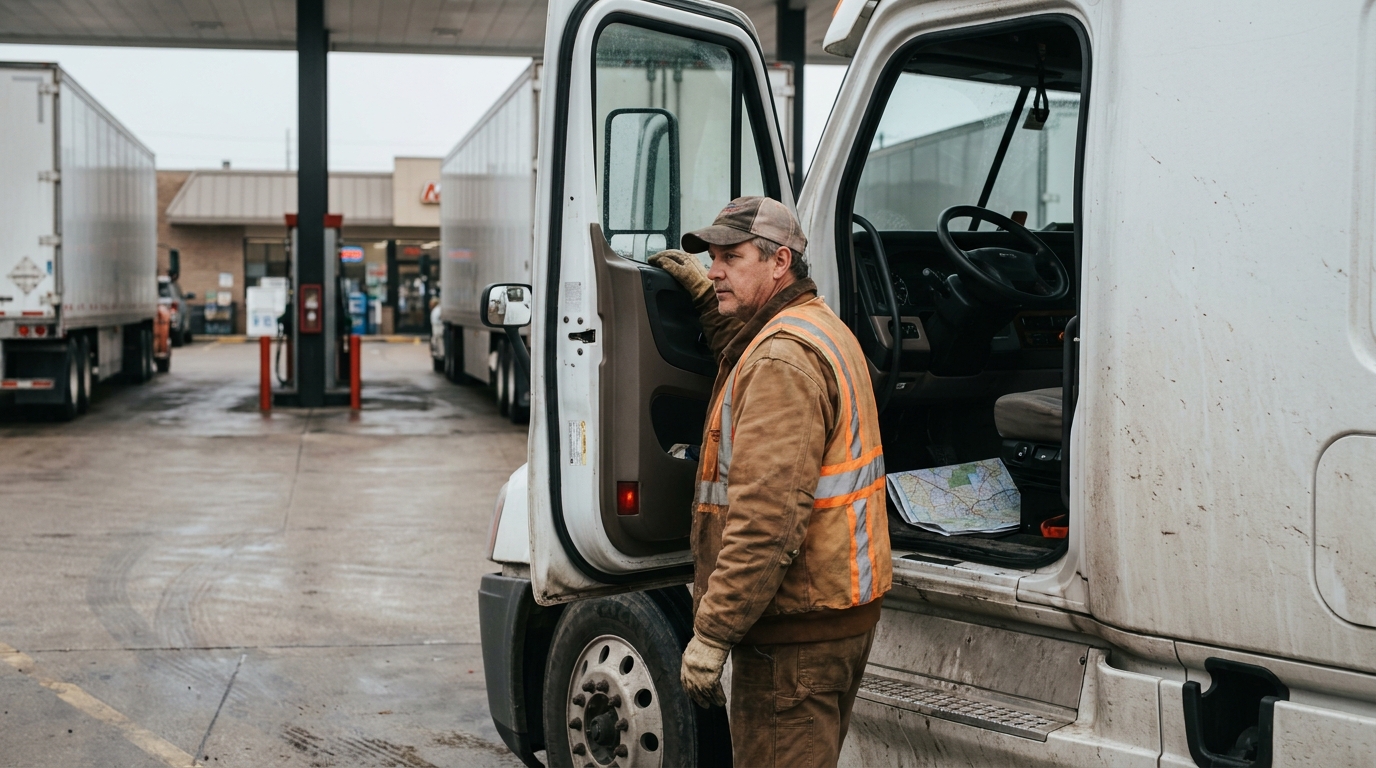 truck driver in reflective vest standing beside open semi-truck cab door at fuel stop