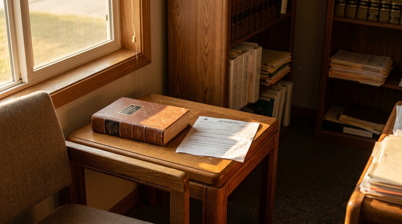 Richland Dog Bite Lawyer Legal Books and Claim Form worn legal reference book and printed form on wooden desk near law library shelves