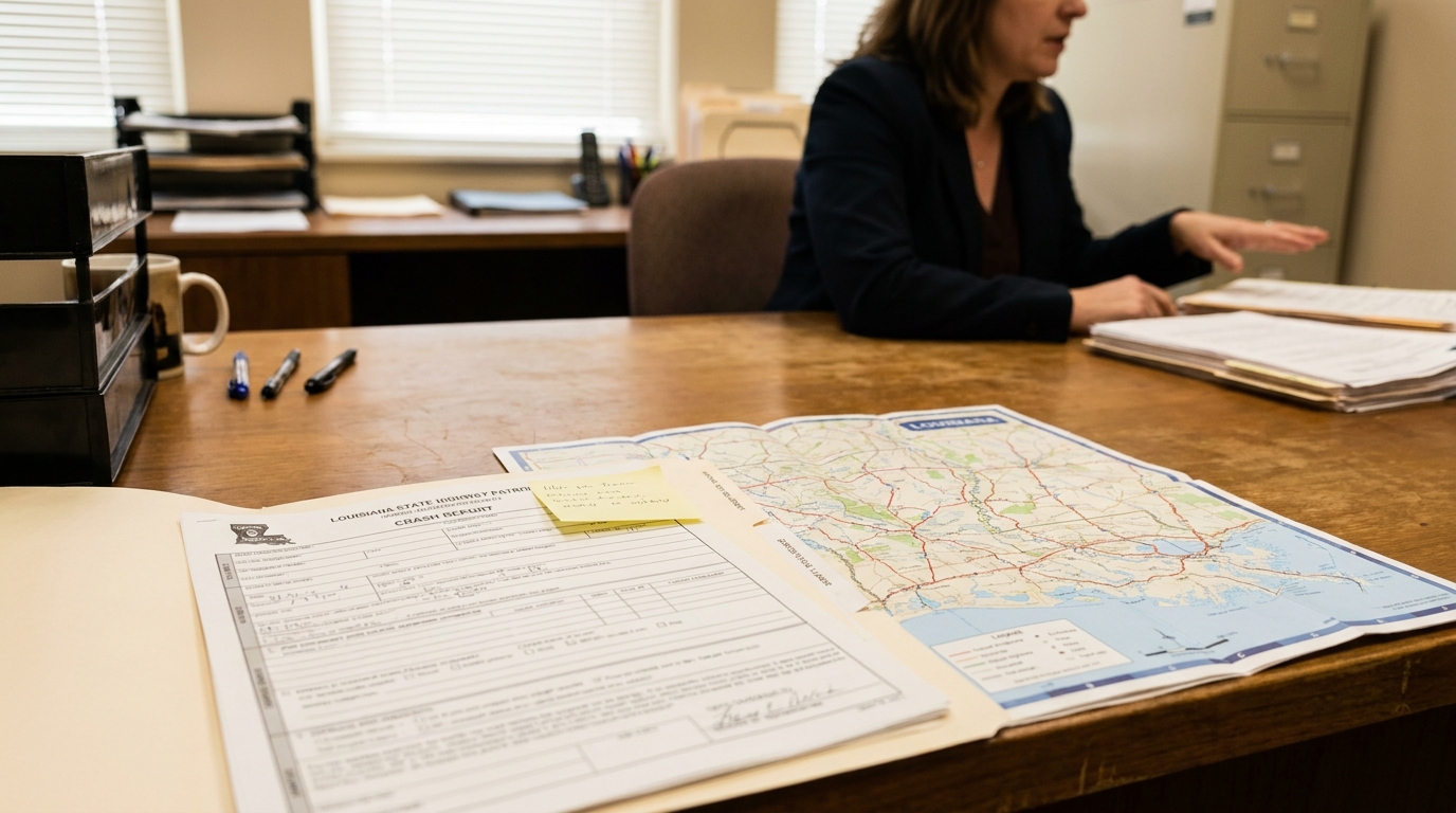 Louisiana State Highway Patrol crash report and Louisiana map open on attorney's desk