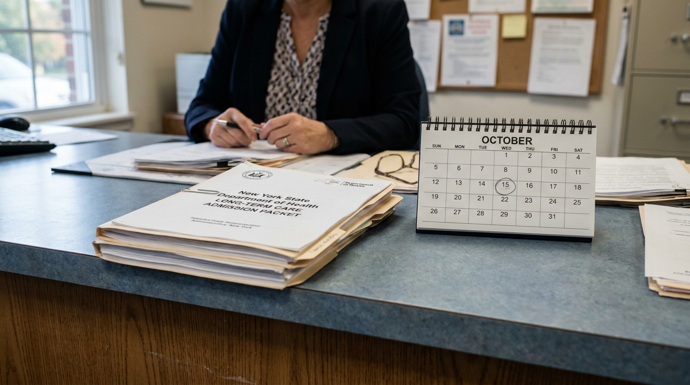 New York Nursing Home Neglect Claim Deadline Calendar Filing New York State Department of Health Long-Term Care Admission Packet beside October desk calendar