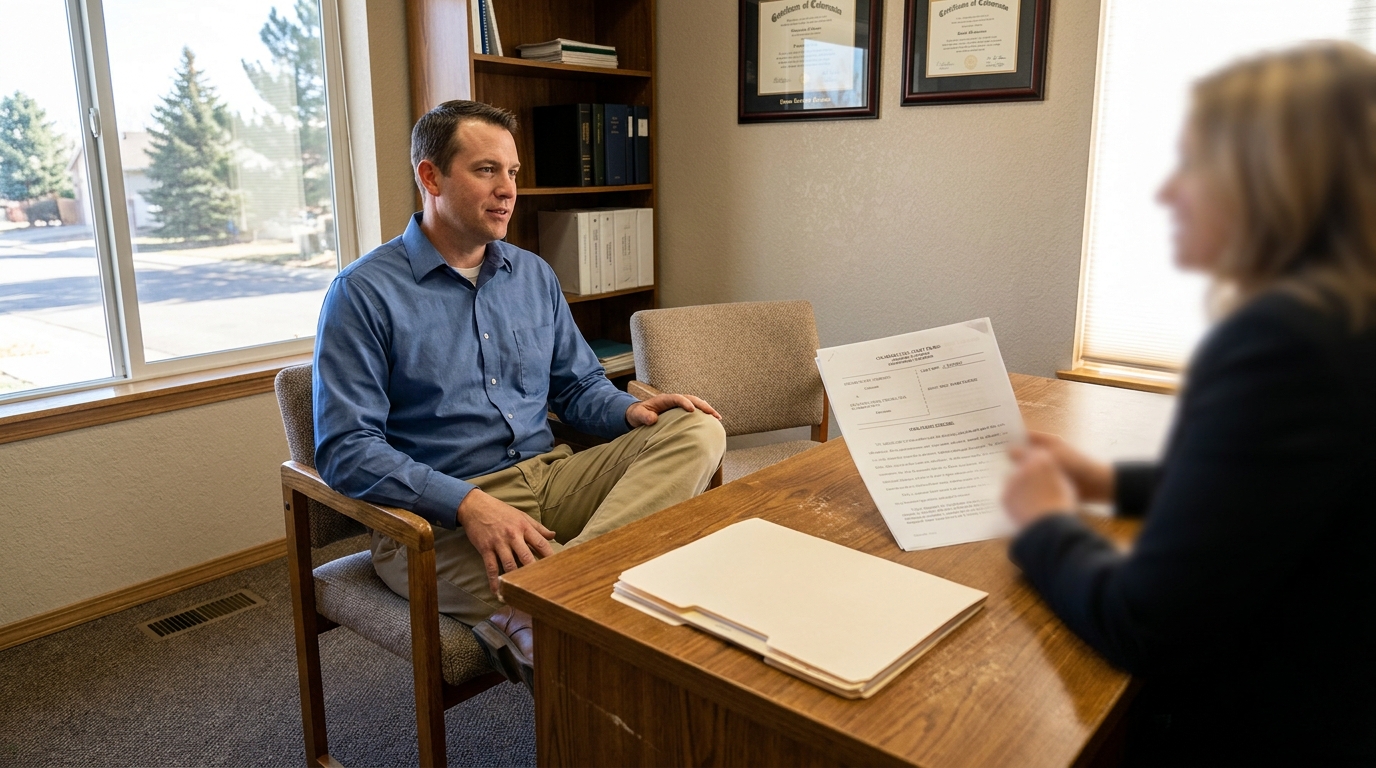 Centennial Colorado Truck Accident Attorney Client Consultation attorney meeting with client across desk with legal documents and framed certificates visible