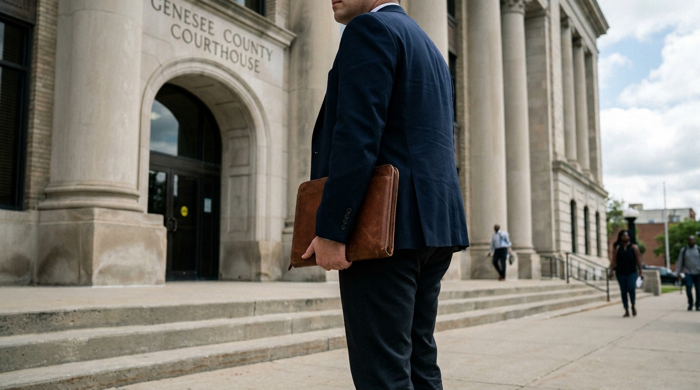 attorney holding leather portfolio standing outside Genesee County Courthouse entrance