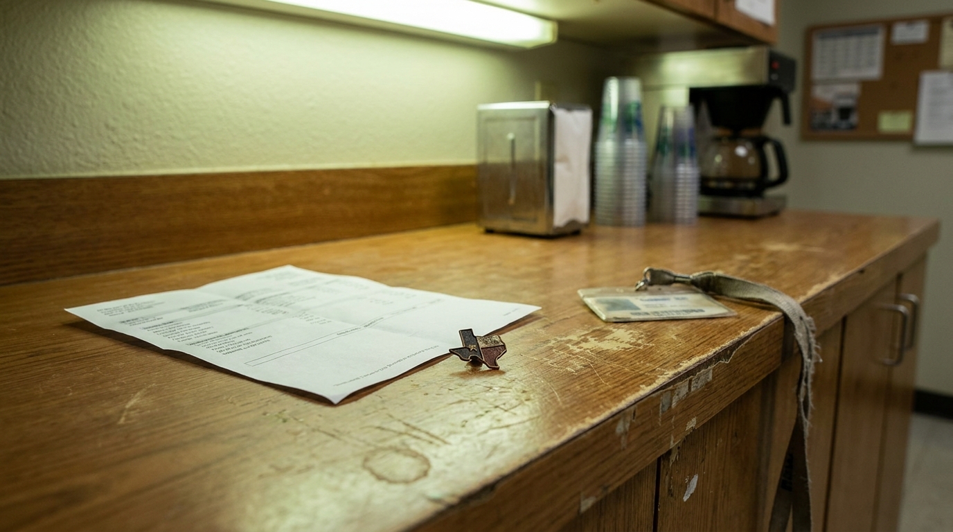 Texas Day Rate Pay Violation Checklist on Workplace Counter printed document with Texas-shaped pin on worn wooden counter near ID badge