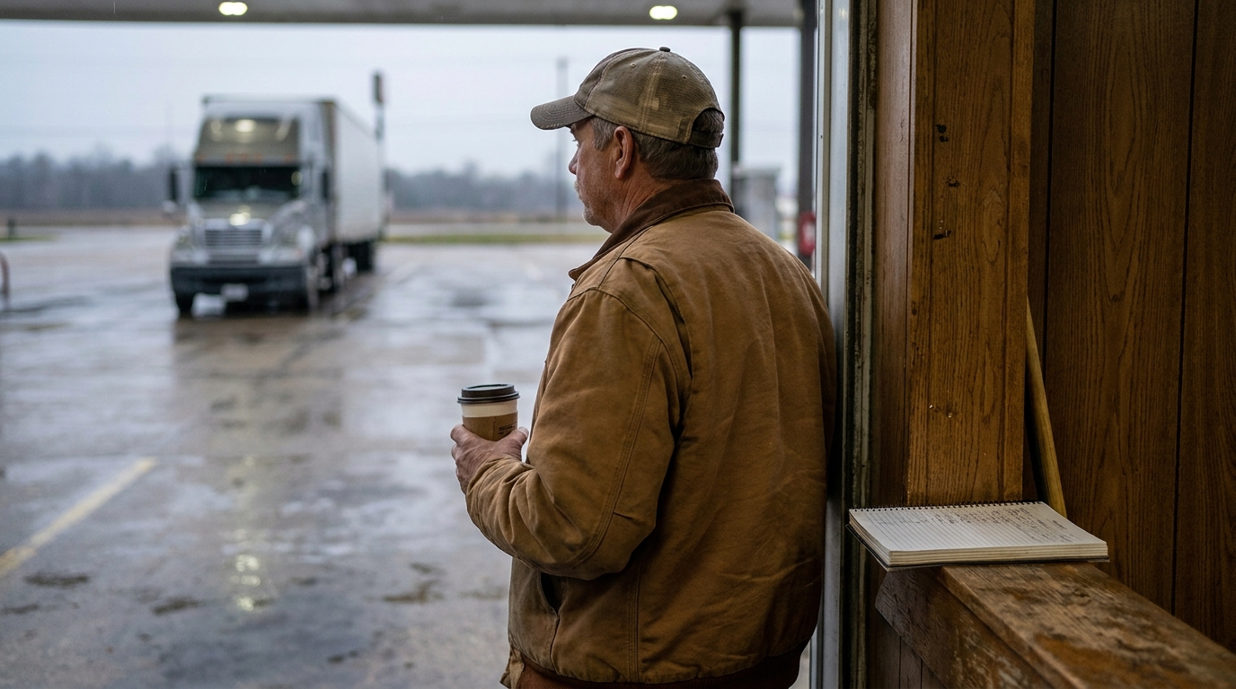 Tired Truck Driver at Mississippi Rest Stop Semi-Truck truck driver holding coffee cup watching semi-truck in rainy parking lot