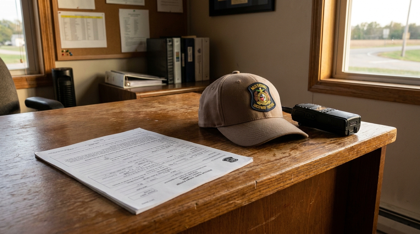 Missouri Highway Patrol Crash Report Kansas City Truck Wreck Missouri Highway Patrol cap, official document, and radio on wooden desk