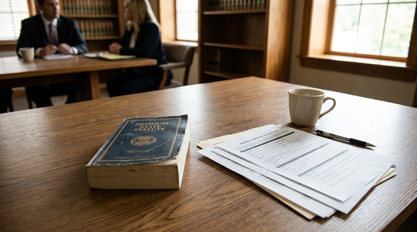 Missouri State Statute Book and Workers Comp Forms Kansas City Missouri State Statute book and workers compensation intake form on law office table