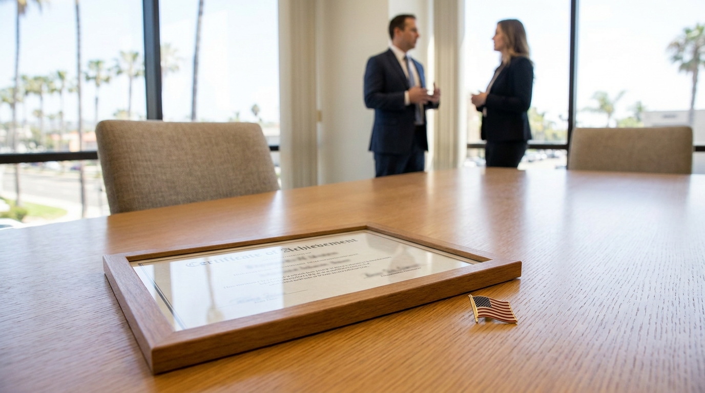 framed Certificate of Achievement and American flag pin on conference room table with two attorneys conversing