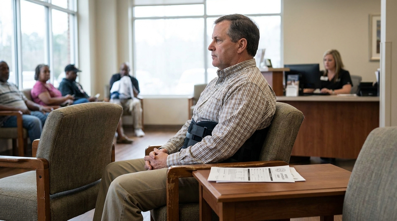Atlanta Worker With Back Brace Waiting at Workers Comp Office injured man wearing back brace seated in medical office waiting room