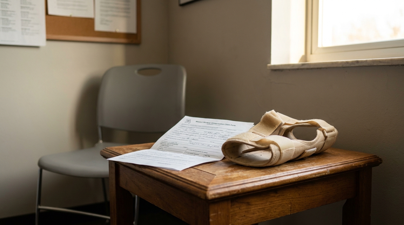 Missouri Workers Compensation Claim Form and wrist brace on wooden desk