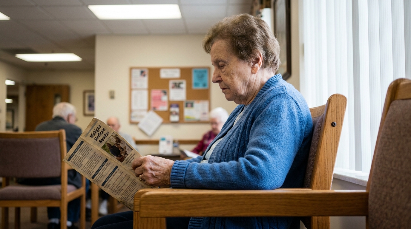 Flint Senior Reading Michigan Medicaid Benefits Brochure elderly woman seated reading Michigan Medicaid Benefits brochure in waiting room