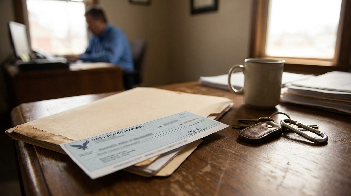 Missouri Auto Insurance document on wooden desk beside car keys and mug