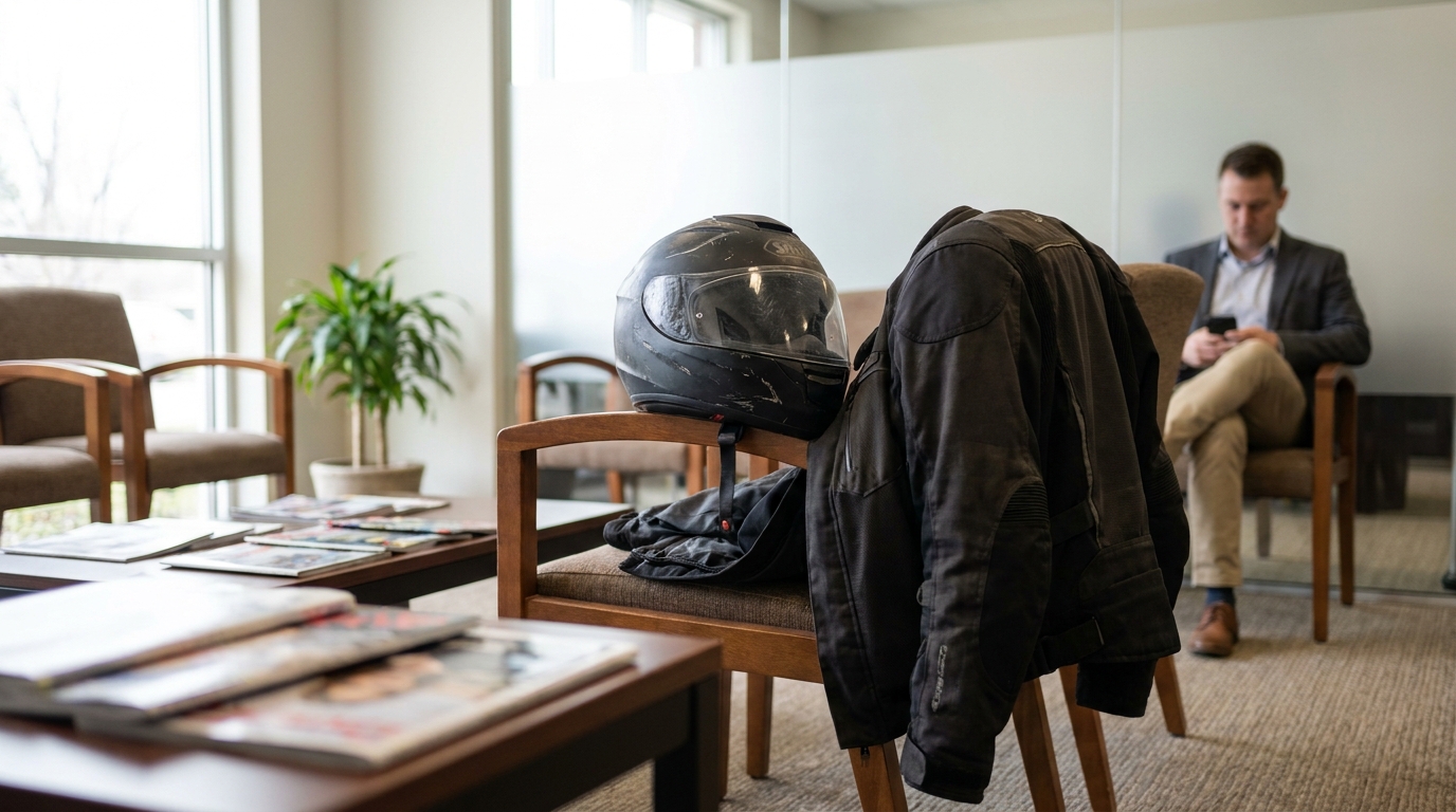 St. Louis Motorcycle Accident Lawyer Office Waiting Room motorcycle helmet and riding jacket on chair in law firm waiting room