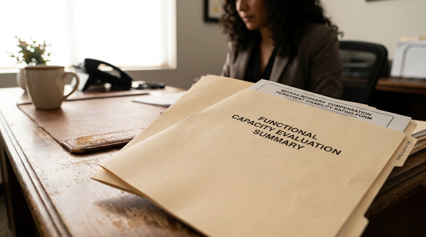 Functional Capacity Evaluation Summary and Nevada Workers' Compensation Permanent Disability Rating Form on desk
