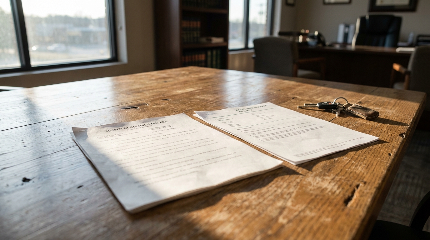 Missouri Divorce Decree document and car keys resting on wooden office table