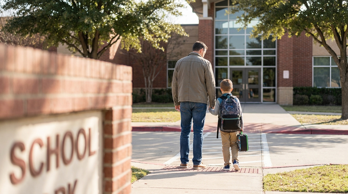adult holding child's hand walking toward school building entrance with backpack
