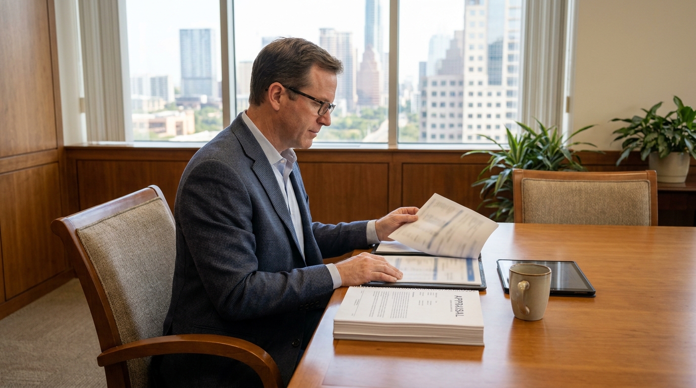 Austin High Asset Divorce Attorney Reviewing Appraisal Documents attorney in conference room reviewing appraisal document with city skyline visible