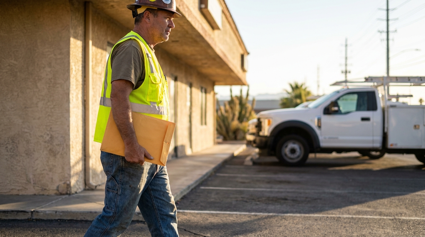 construction worker in hard hat and safety vest carrying manila envelope folder