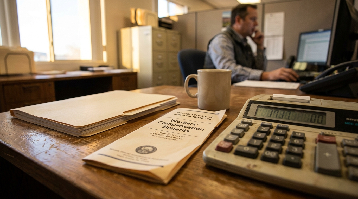 Nevada Division of Industrial Relations Workers' Compensation Benefits booklet on office desk with calculator