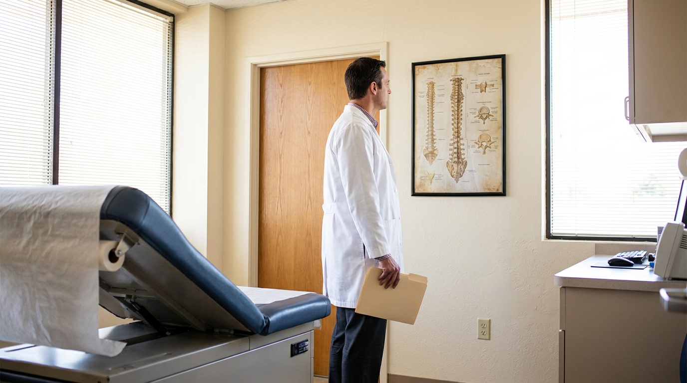 physician in lab coat holding folder standing beside spinal anatomy chart in exam room