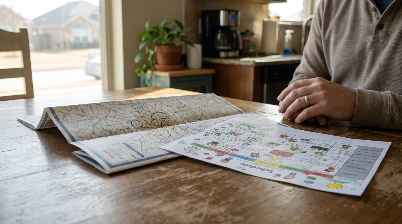 person reviewing Texas road map and children's schedule document on wooden table