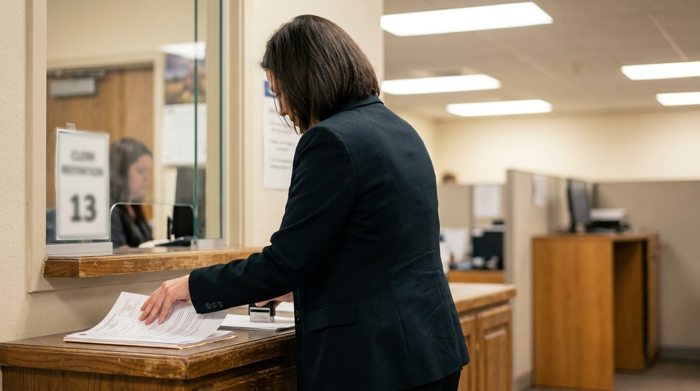 attorney filing legal documents at courthouse clerk window number 13