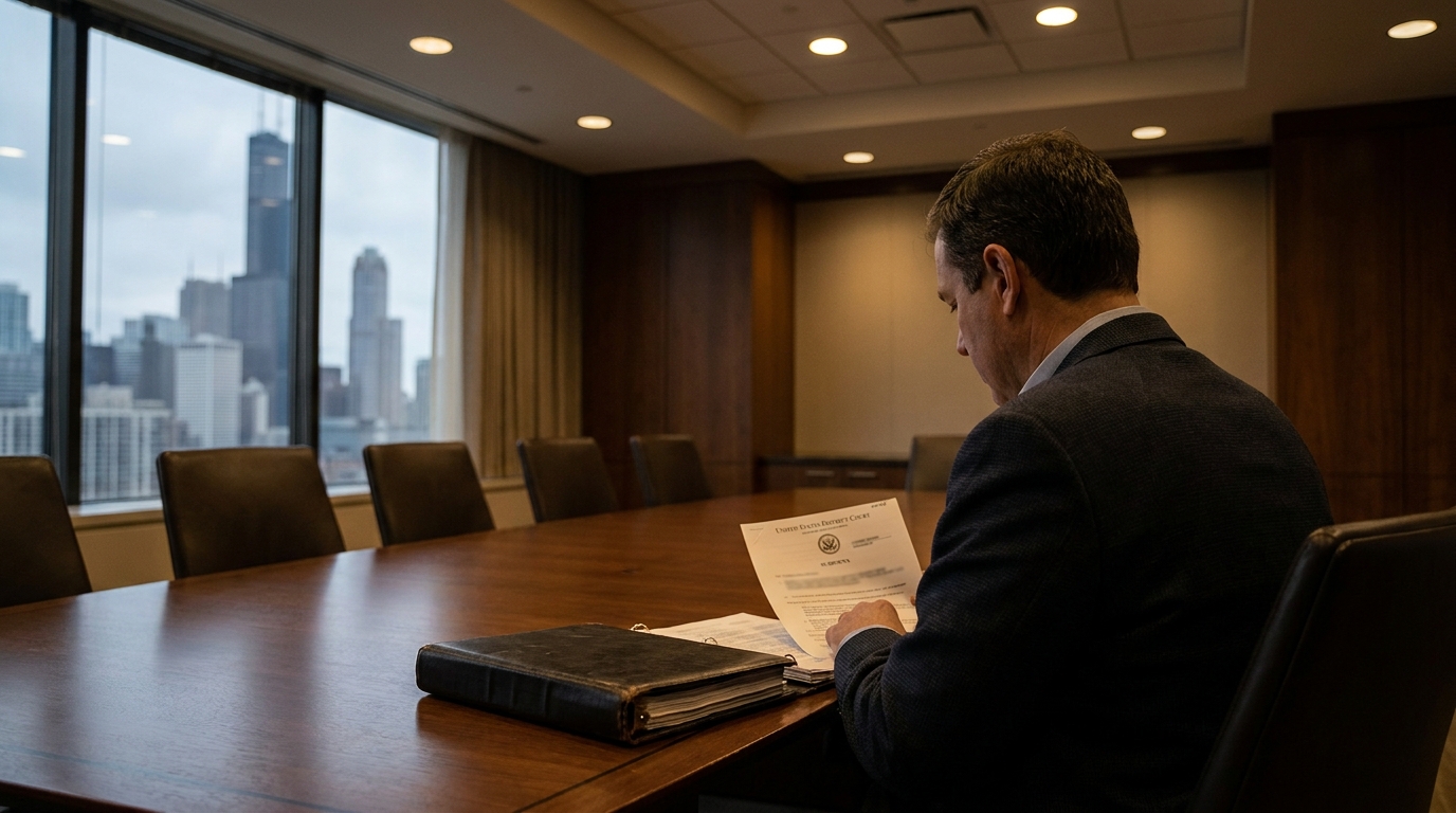 attorney reviewing United States District Court document in law firm conference room