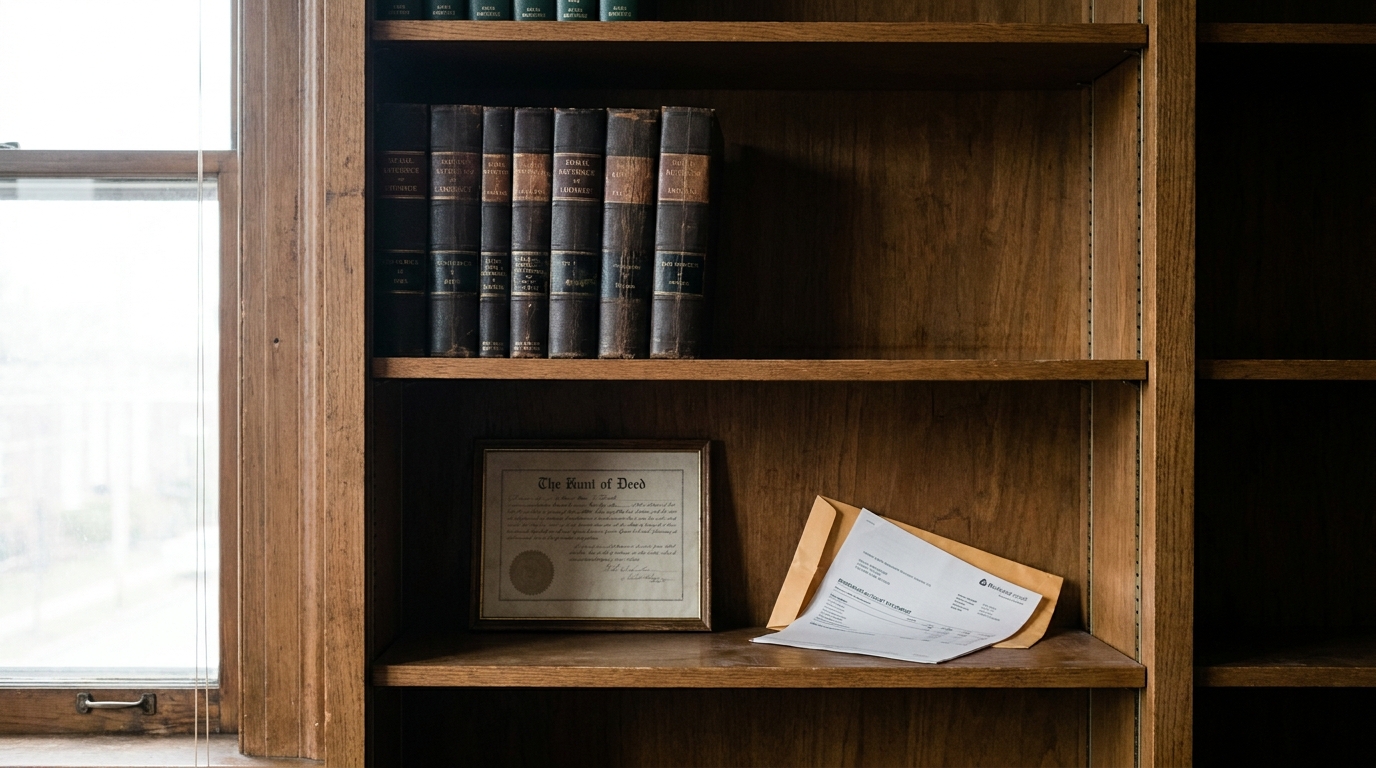Buffalo Estate Planning Attorney Law Books and Trust Deed Documents wooden law bookshelf displaying legal volumes framed deed document and envelope