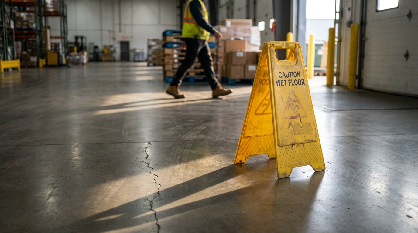 Slip and Fall Hazard at Las Vegas Workplace Caution Wet Floor sign on cracked warehouse floor with worker walking nearby