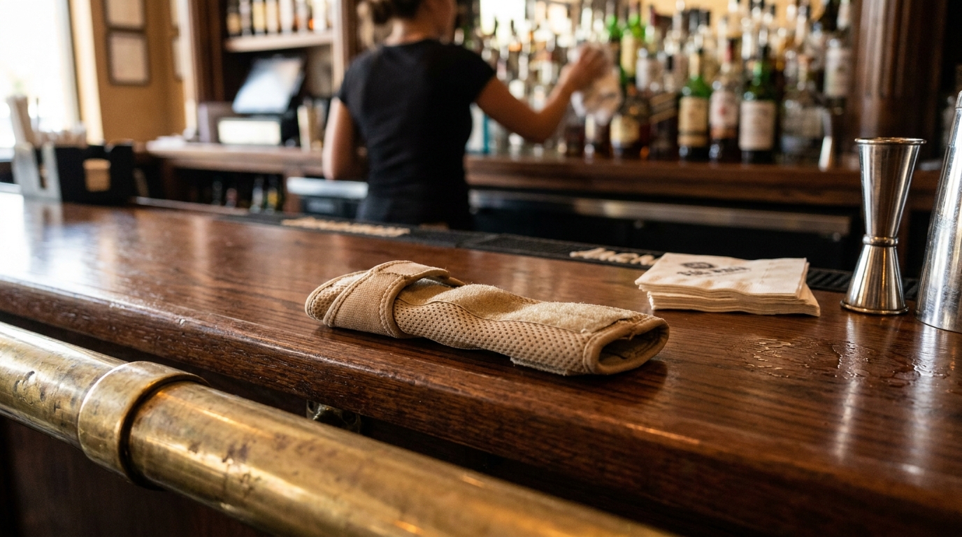 wrist brace resting on bar counter with bartender and liquor bottles behind