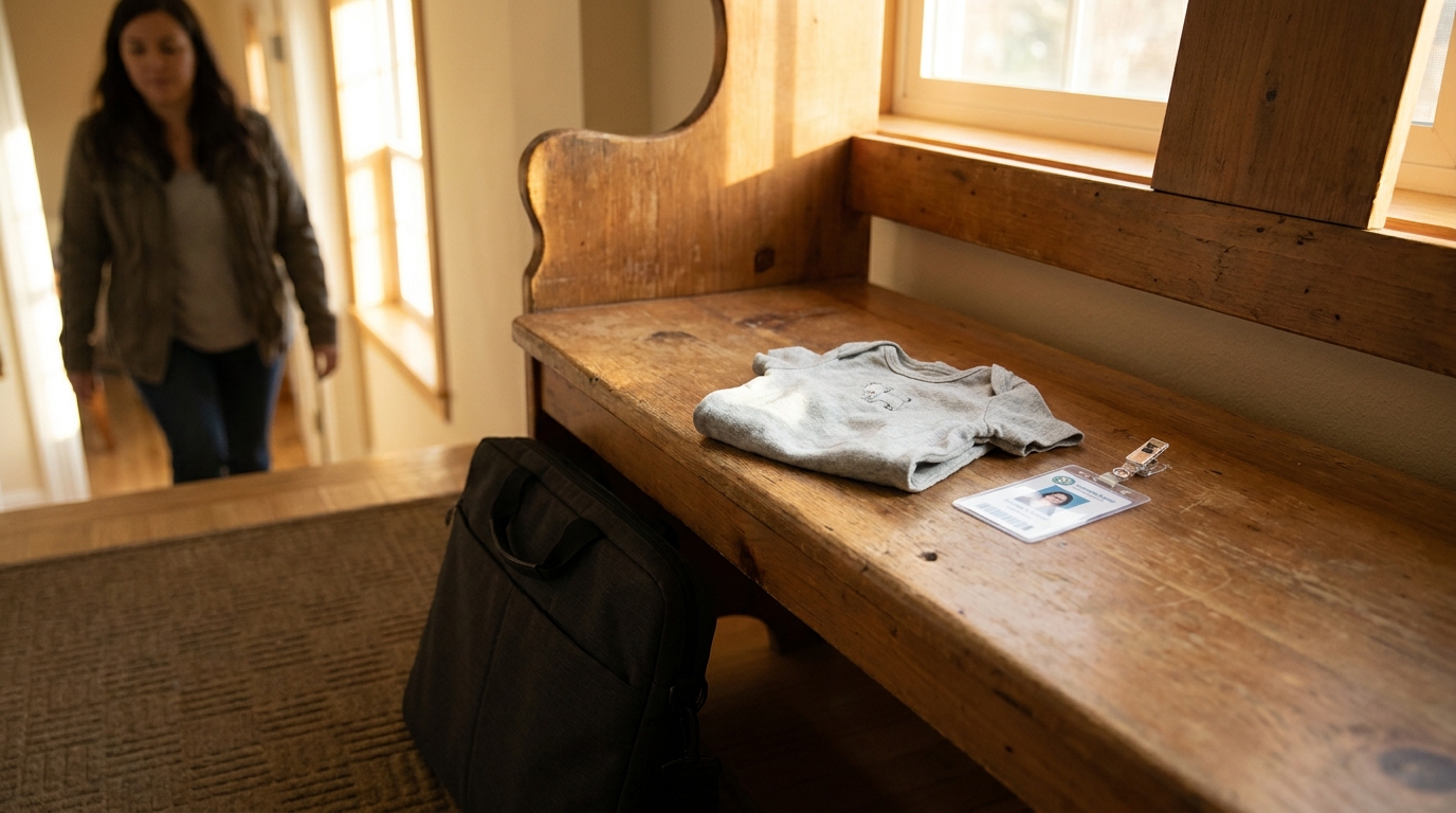 New York Mother Returning to Work After Maternity Leave baby onesie and ID badge on wooden bench with woman in background