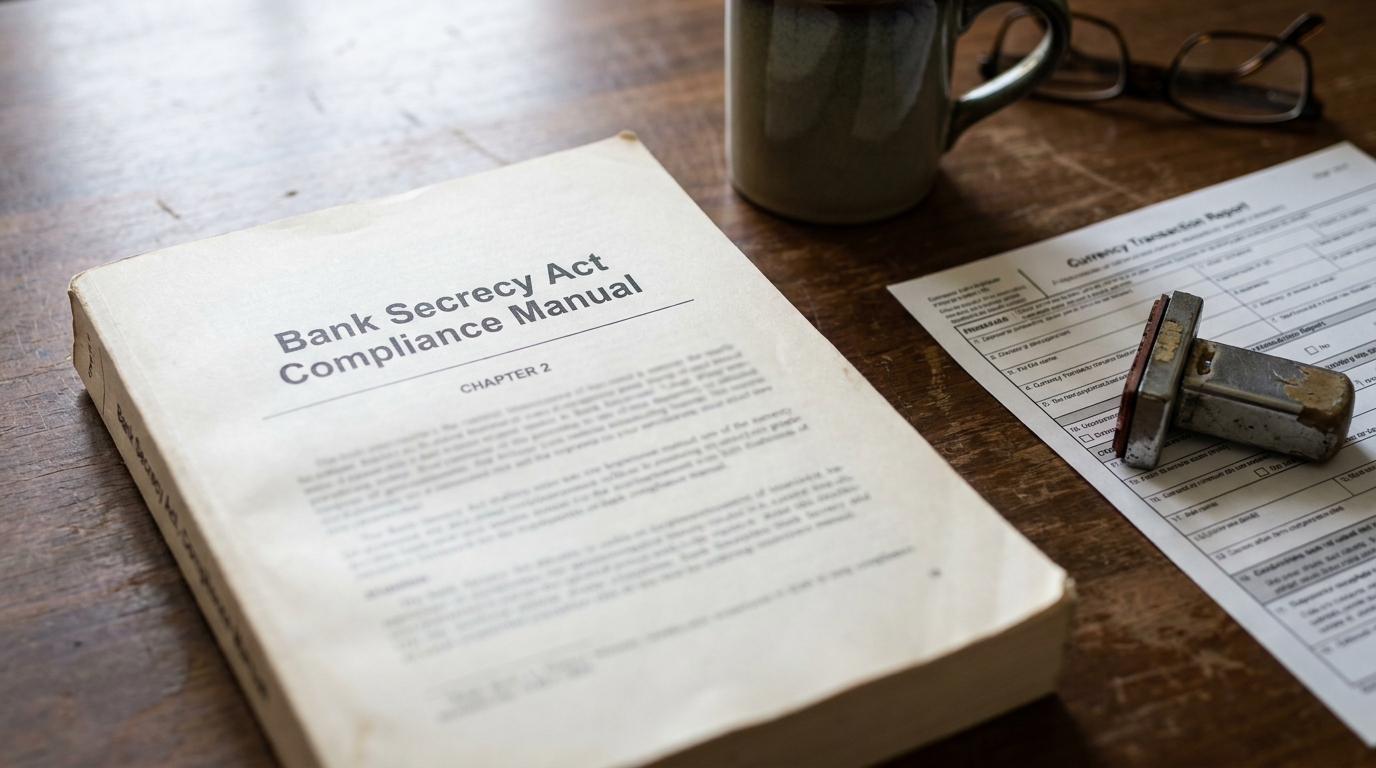 Bank Secrecy Act Compliance Manual Chapter 2 beside Currency Transaction Report form and rubber stamp