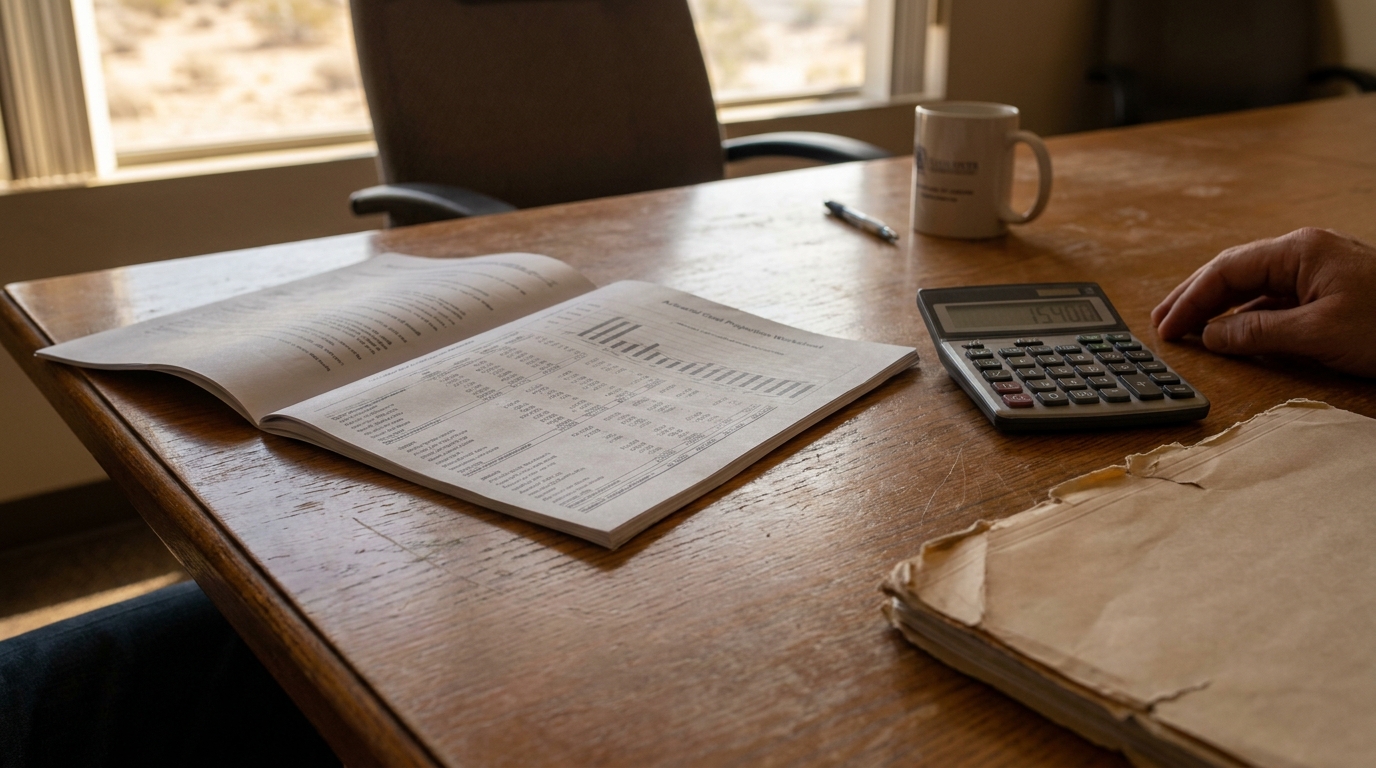 open financial worksheet and calculator on wooden desk with legal documents