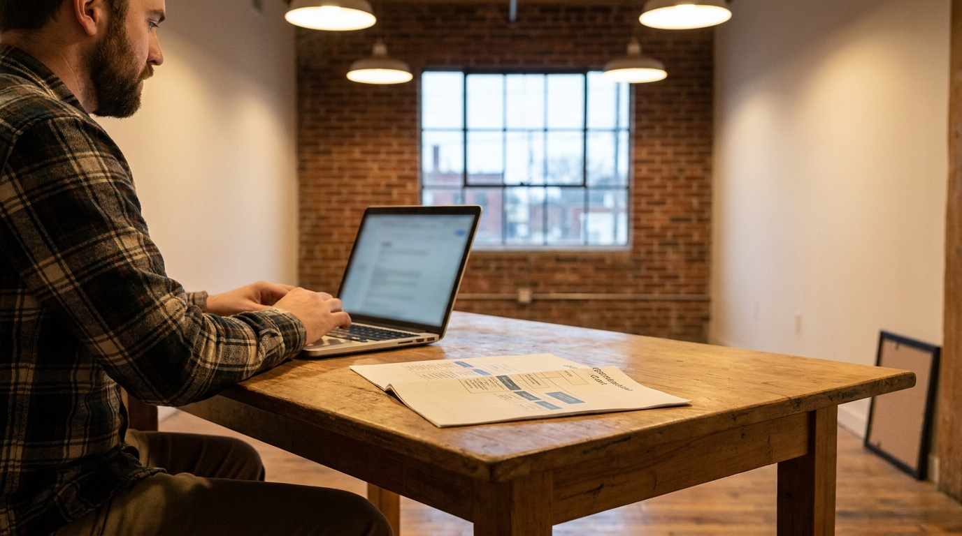 Buffalo Startup Founder Researching Outsourced General Counsel Options bearded man typing on laptop beside open document on wooden table