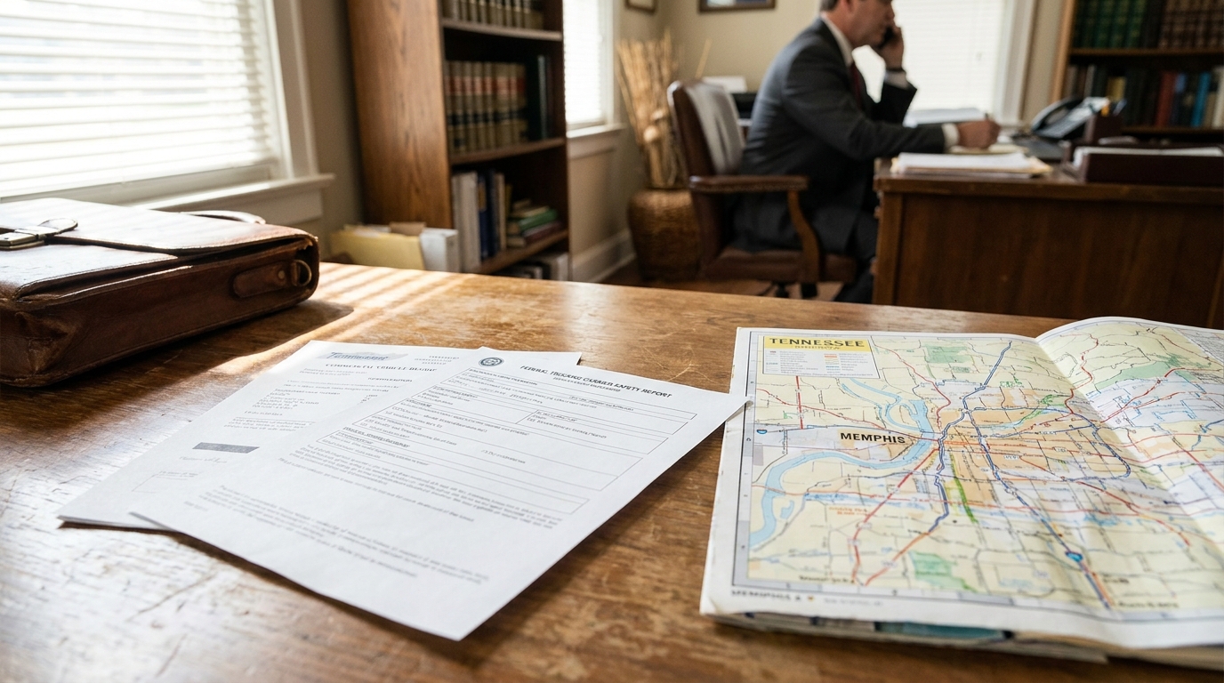 Memphis Truck Accident Attorney Reviewing 18 Wheeler Claim Federal trucking carrier safety report and Tennessee Memphis map on attorney's desk