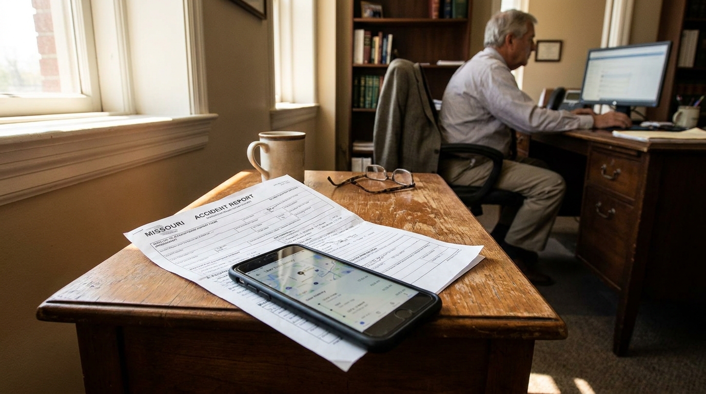 Missouri Accident Report and Uber App St. Louis Attorney Missouri accident report and smartphone on desk with attorney working at computer