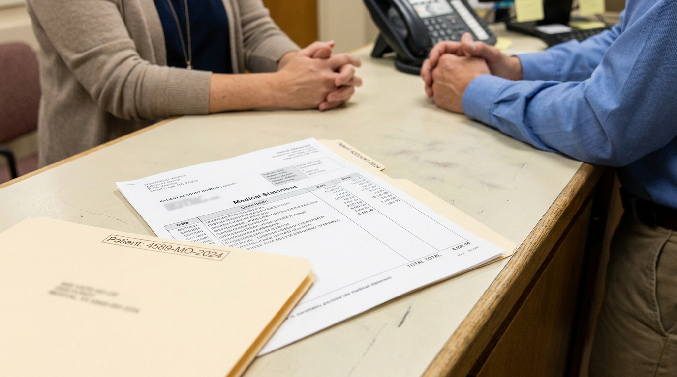 Medical Statement document and patient file folder on desk during meeting