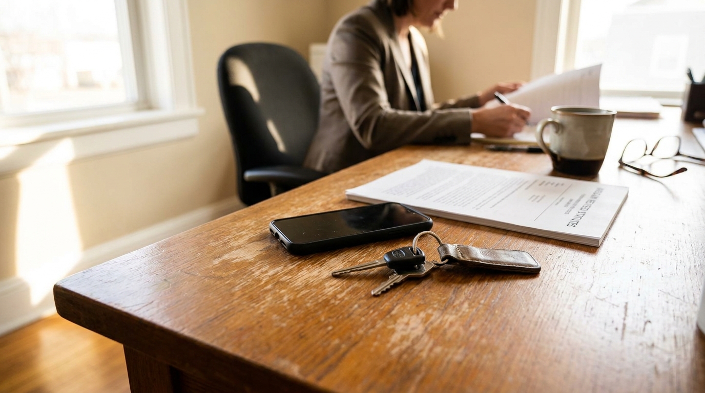 St. Louis Distracted Driving Attorney Reviewing Missouri Hands-Free Law Claim professional reviewing legal documents at desk with car keys and smartphone