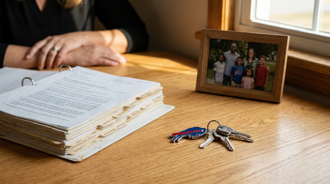 Blended Family Estate Planning Documents Buffalo NY Attorney tabbed legal binder, house keys, and framed family photo on wooden desk