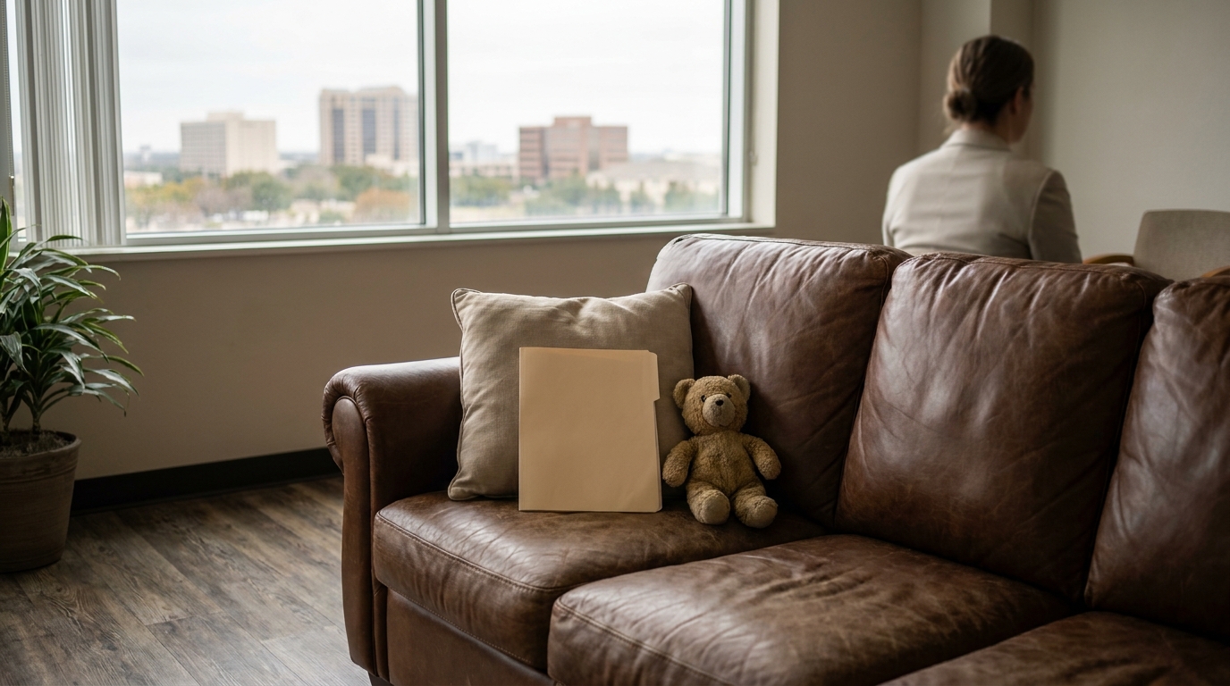 teddy bear and legal folder on leather sofa with person standing near window