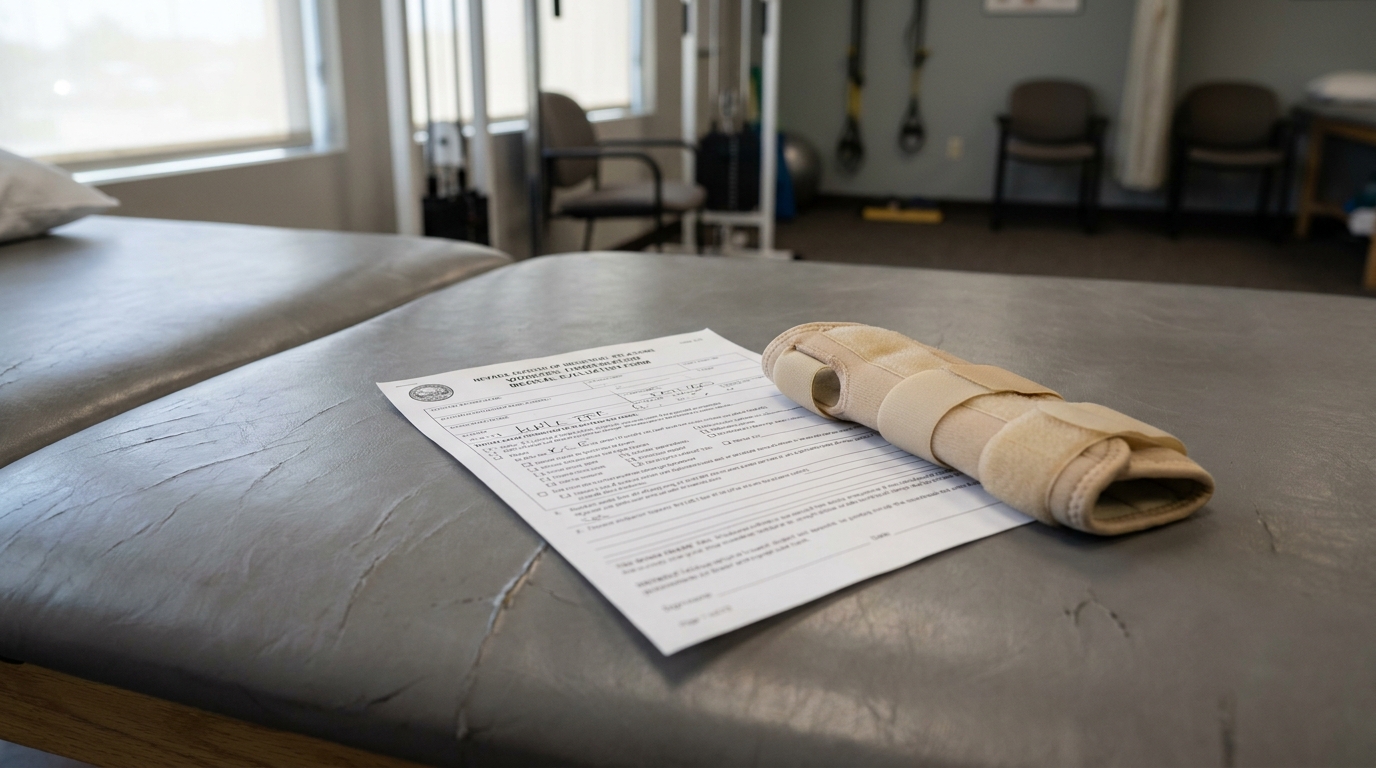 workers compensation physical evaluation form and wrist brace on treatment table
